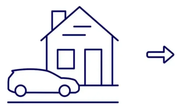Icon drawing of a car in front of house with arrow pointing away