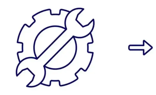 Icon drawing of a wrench over a gear with arrow pointing away