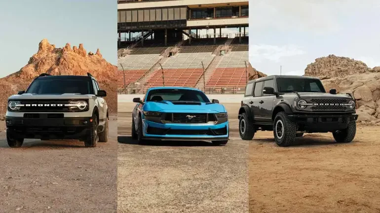 A split screen shot of a Ford Bronco®, Mustang®, and Bronco® Sport