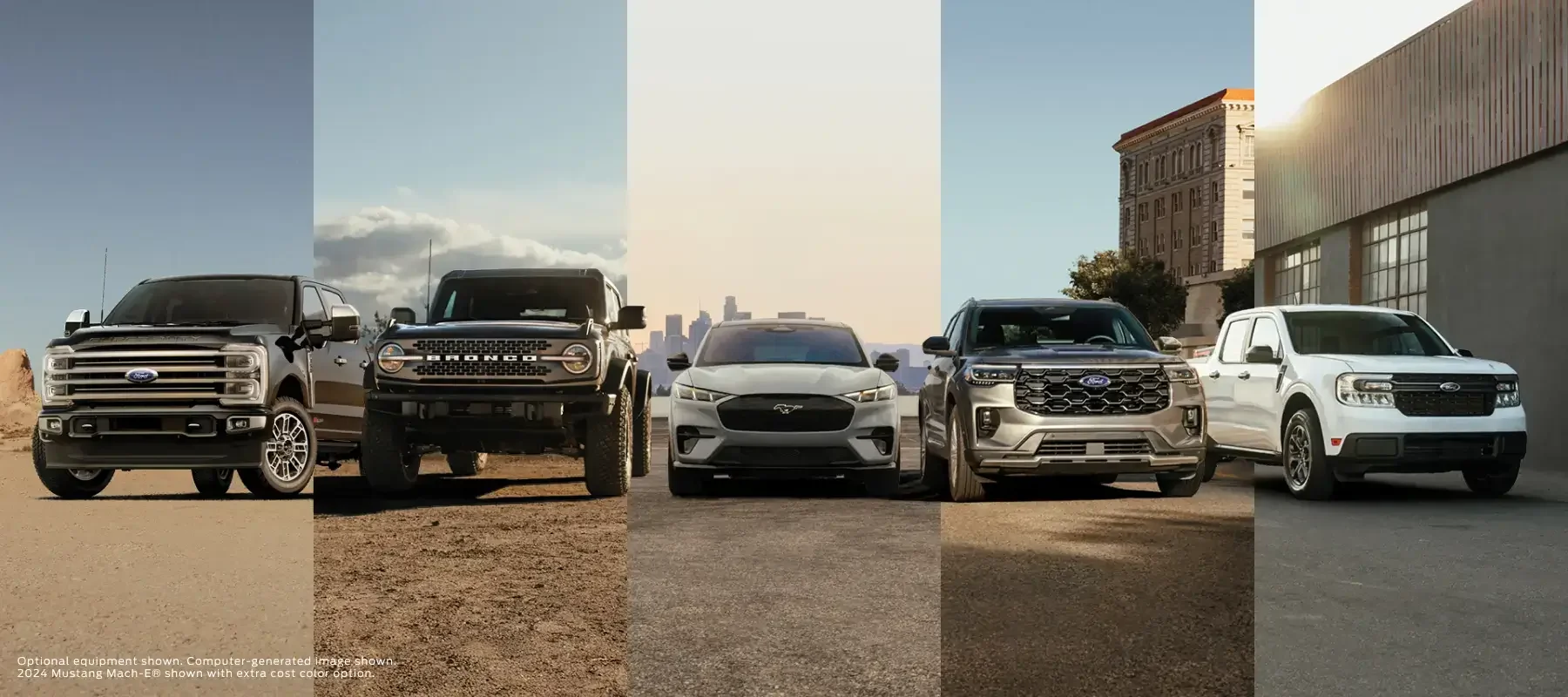 A pack shot of Ford vehicles including Super Duty®, Bronco®, Mustang Mach-E®, Explorer®, and Maverick®