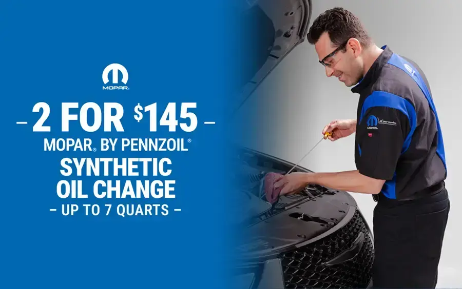Coupon for 2 Mopar® by Pennzoil® Synthetic Oil Changes for $145 up to 7 qts