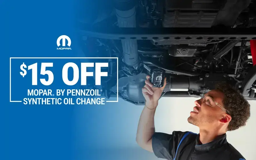 Coupon for $15 off Mopar® by Pennzoil® Synthetic Oil Change 