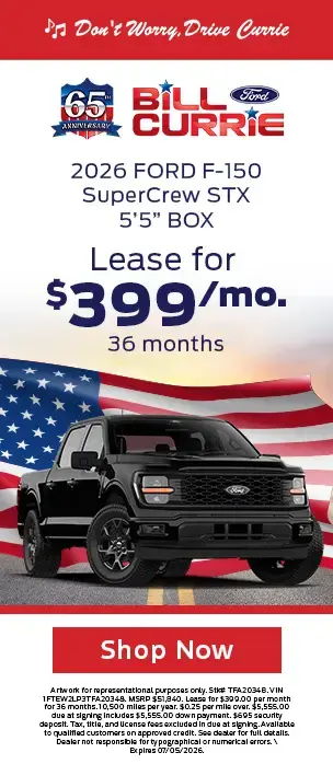 Bill Currie Ford 2026 Ford F-150 Lease For $399/mo. 36 months