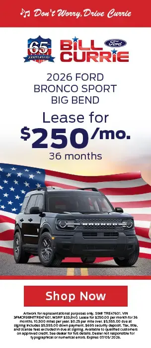 Bill Currie Ford 2026 Ford Bronco Sport Lease For $250/mo. 36 months