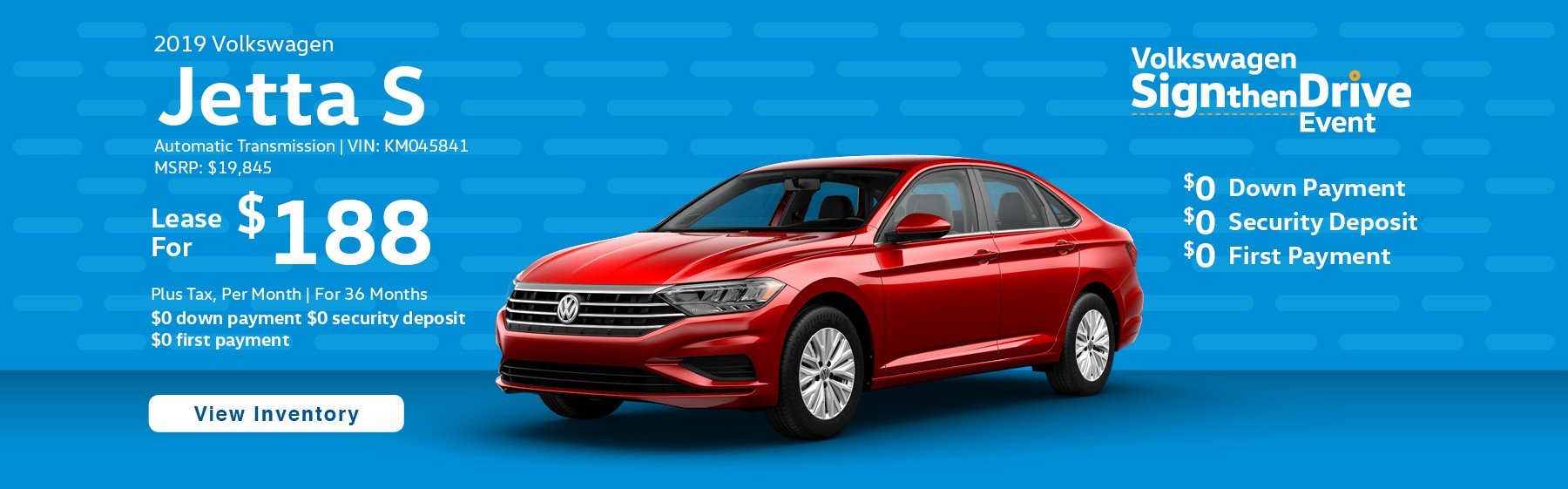 Lease the 2019 Volkswagen Jetta S for $188 plus tax for 36 months. $0 Down payment required.