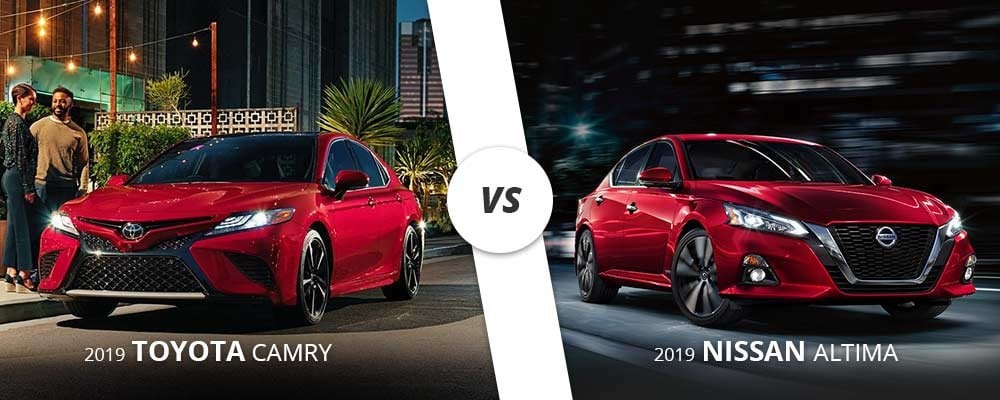 2019 red Toyota Camry compared to 2019 red Nissan Altima.