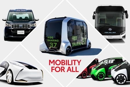 Examples of vehicles used in Toyota's new mobility program for the 2020 Tokyo Olympics.
