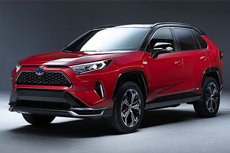 Red 2021 Toyota RAV4 Plug-In Hybrid on Long Island, NY.