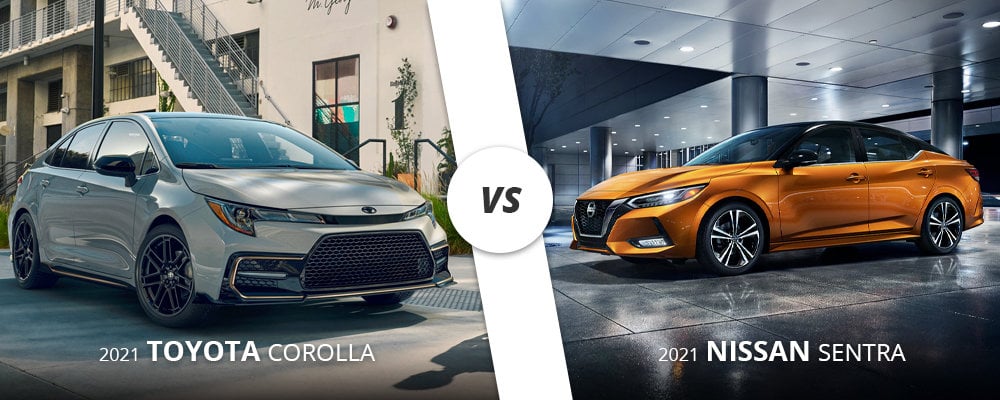 White 2021 Toyota Corolla vs. orange 2021 Nissan Sentra on Long Island.