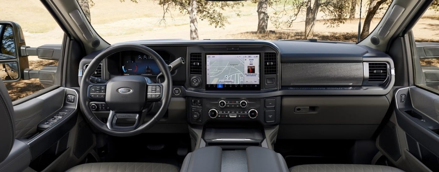 The black interior of a 2026 Ford F-350.