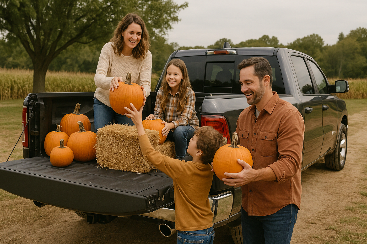 family hay ride in a Dodge Ram 1500 Truck