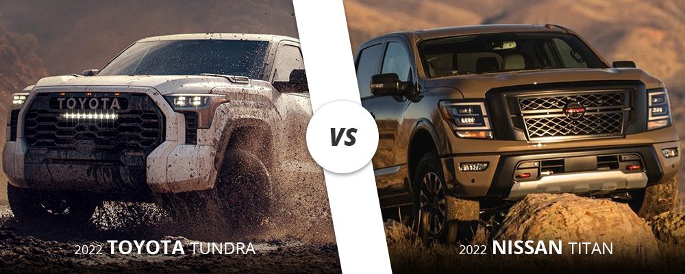 White 2022 Toyota Tundra vs. beige 2022 Nissan Titan on Long Island, NY.