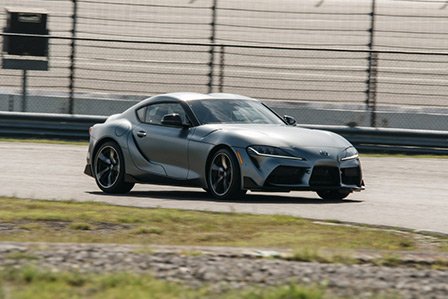 Silver 2021 Toyota Supra on a race course on Long Island, NY.