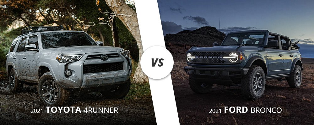 White 2021 Toyota 4Runner vs Blue 2021 Ford Bronco on Long Island, NY.
