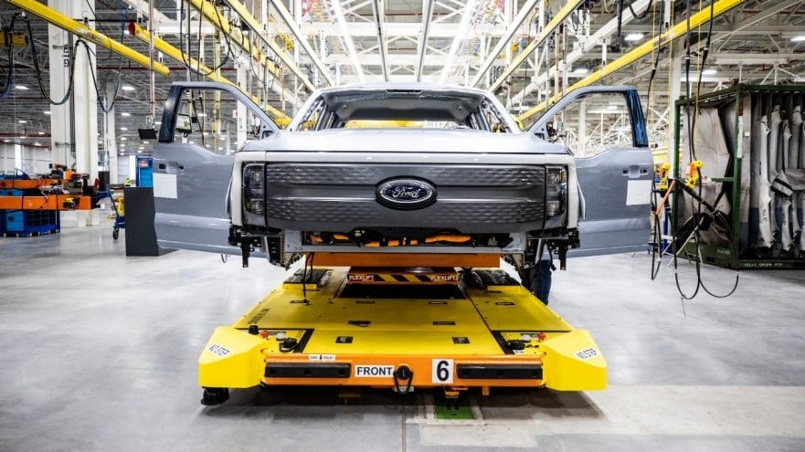 Ford F-150 Lightning pre-production at Rouge Electric Vehicle Center. Pre-production model shown. F-150 Lightning available starting spring 2022.